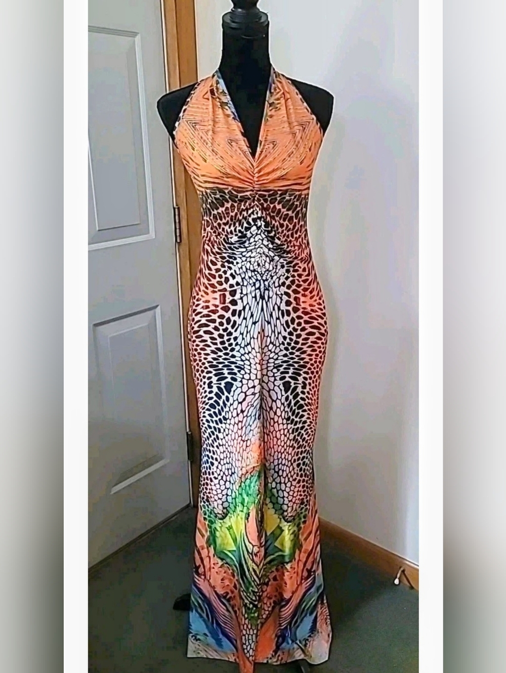 VENUS Orange Halter Maxi Dress with Multicolor Animal & Floral Print